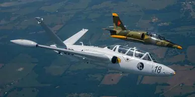 Two fighter jets flying in the air over a field.